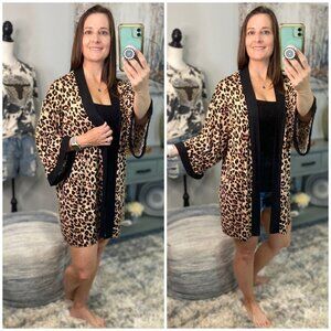 ❤️‍🔥Leopard Contrast Trim Long Open Kimono Cardigan Pocket 3/4 Slv Brown 1022